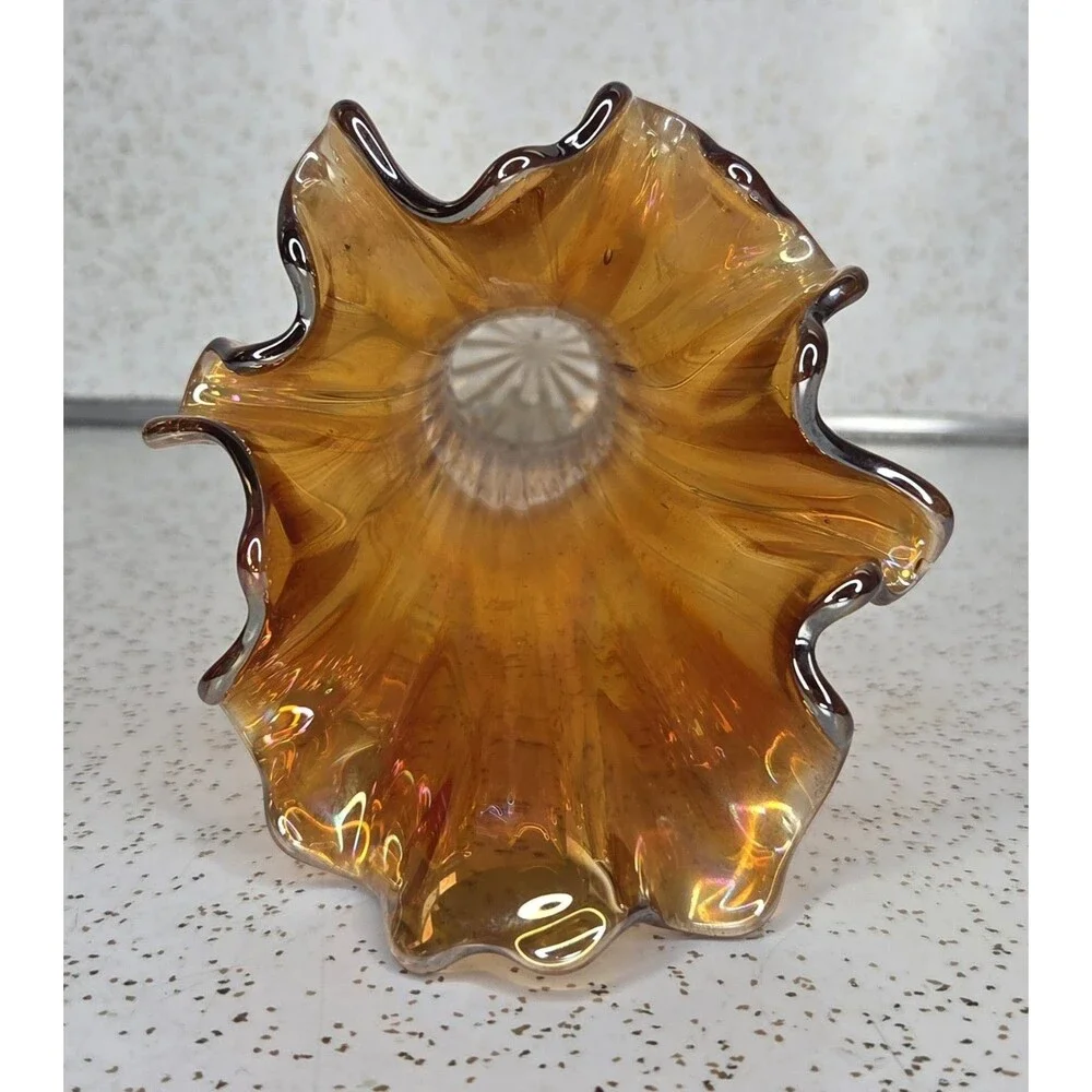 Vtg Imperial 12.5” Marigold Carnival Glass Swung Freefold Pattern Vase